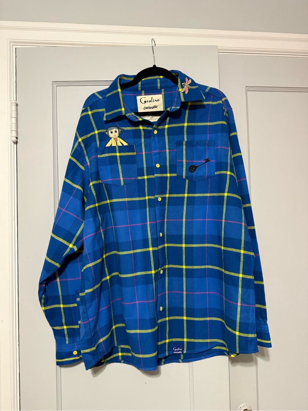 Men's Cakeworthy x Coraline Themed Blue Plaid Button-Down Shirt